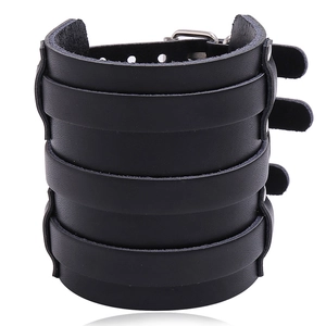 Wide Leather Cuff Bracelet Punk Cowhide Multi-layer Wristband With Iron Buckles Rock Biker Jewelry For Men Women