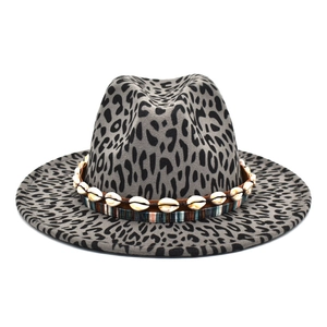 Leopard Print Fedora Hat Wide Brim Cotton Polyester Felt Bohemian Ethnic Shell Decoration Retro Jazz Travel Unisex