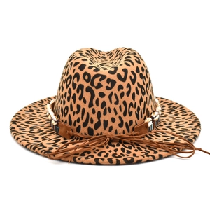 Classic leopard print wool fedora hat with bohemian shell detail and suede tassel band