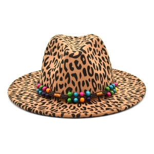 Flat top leopard print wool felt fedora hat featuring colorful ethnic beaded band decoration