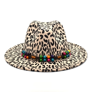 Classic leopard print wool fedora hat featuring a bohemian colorful wooden bead band decoration