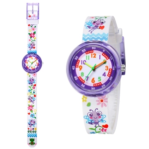 Detail view of purple transparent watch case and cute cartoon printed silicone strap