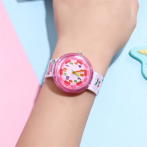 Detailed view of pink floral print watch strap with cherry and rose patterns on a wrist