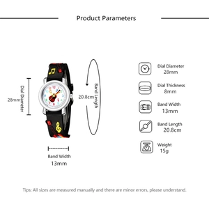 Technical specifications chart for kids guitar watch with case and strap dimensions