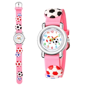 Detail view of pink kids watch with 3D football patterns and colorful numeric dial