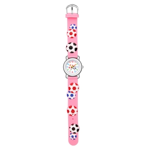 Close-up of pink silicone watch strap with 3D embossed soccer patterns for children