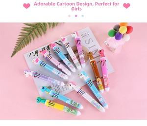 Close-up of 10-color retractable ballpoint pens with cartoon unicorn and flamingo toppers