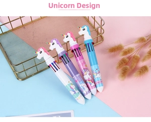 Detail view of 10-color unicorn shuttle pens featuring cute 3D toppers and colorful designs