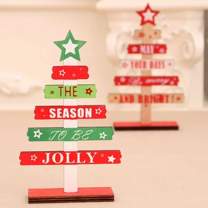 DIY mini wooden Christmas tree tabletop decoration with festive seasonal lettering