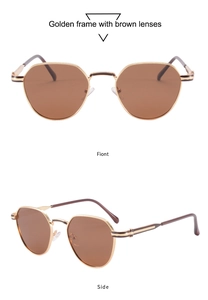 Detailed macro view of vintage polygonal metal sunglasses with gold frame and brown lenses