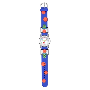 Detailansicht der Kinder-Sportuhr mit blauem Silikonarmband und 3D-Basketball-Mustern