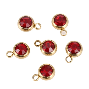 Set of six round red birthstone charms with gold stainless steel base for DIY jewelry