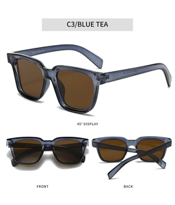 Detailed views of square sunglasses in blue tea color showing front and side profiles