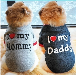 Dog winter fleece hoodie with I Love Mommy and Daddy heart print on soft knit fabric
