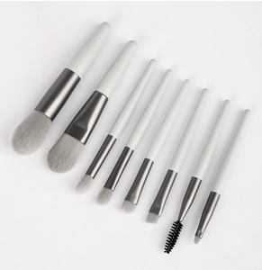 Detail view of 8-piece mini makeup brush set with gray gradient synthetic bristles