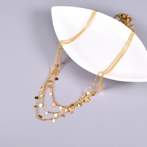 Three-layer gold necklace with geometric round and rectangular pendant charms