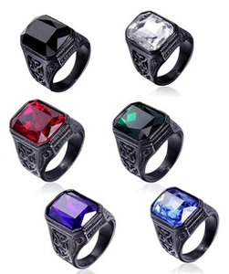 Detailed set of six men's stainless steel rings featuring colorful rectangular gemstones