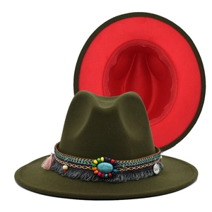 Olive green and red wide brim fedora hat with bohemian beaded band and turquoise stone