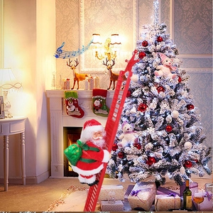 Electric climbing Santa Claus on red ladder with green gift bag in festive home decor