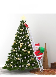 Detail of Santa Claus climbing a white ladder next to a decorated Christmas tree ornament