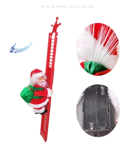 Macro detail of electric Santa climbing red ladder with fiber optic lights and battery slot