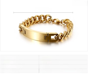 Detail of 210mm gold Cuban link ID bracelet showing 11mm width and lobster clasp