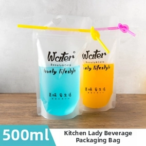 Detailed view of 500ml stand-up drink pouches with creative straws on wood table
