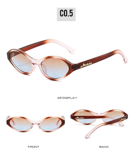 Three views of retro cat eye sunglasses with amber frames and blue-orange gradient lenses