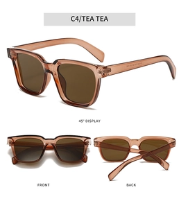 Detail view of square tea-colored sunglasses from front, back, and 45-degree angles