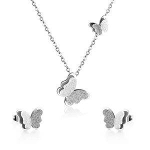 Parure papillon élégante en acier inoxydable avec pendentif givré et boucles d'oreilles