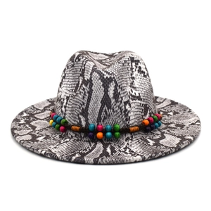Wide brim wool felt fedora hat with snake pattern print and ethnic beaded band