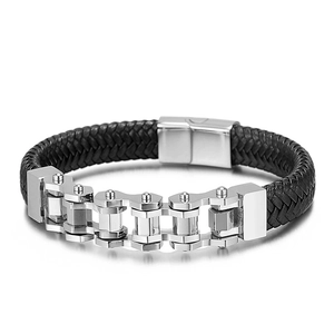 Mens woven black leather bracelet with silver steel chain links on white background