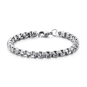 Polished silver stainless steel box chain bracelet for men with a secure lobster clasp