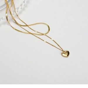 Double-layered gold titanium steel necklace with engraved Love You heart pendant