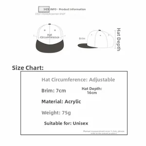 Detailed size chart for adjustable camouflage baseball cap showing crown depth and brim dimensions