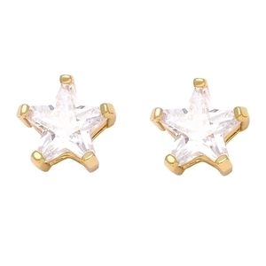 Golden star-shaped stud earrings with clear zircon crystals on white background