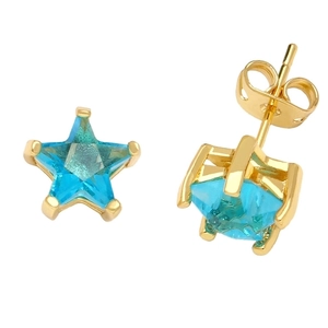 Detail of star earrings in gold finish with sky blue zircon and secure butterfly backings