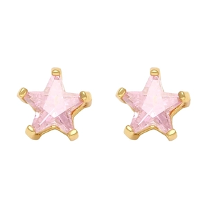 Detail view of pink star-shaped zircon earrings with gold-plated claw setting on white backdrop