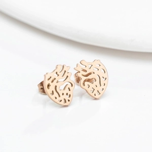 Rose gold anatomical heart stud earrings in hollowed stainless steel with secure backings