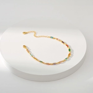Handmade 18K gold plated chain bracelet with colorful rectangular zircon stones