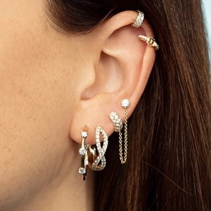 Elegant gold-plated geometric zircon stud earrings with ear cuff and decorative chain link