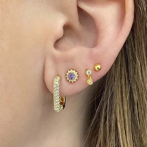S925 silver needle gold earrings set with purple zircon stones and rectangle hoops