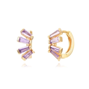 Macro shot of Ag925 hallmark on gold-plated hoop earrings with purple baguette zircon