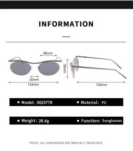Detailed size chart for retro oval metal sunglasses featuring dimensions and PC material info