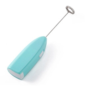 Turquoise handheld electric milk frother with stainless steel whisk and white switch