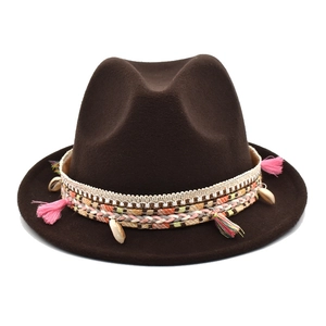 Solid brown felt fedora hat with bohemian woven band, colorful tassels and shell charms