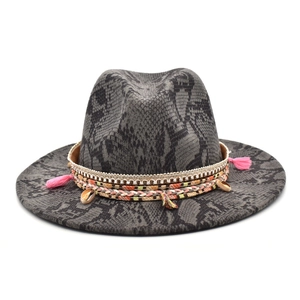 Chapeau Fedora Imprimé Serpent Large Bord Coton Polyester Style Bohème Ethnique Avec Glands Coquillages Pour Hommes Femmes