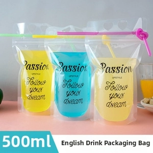 Detailed view of 500ml clear stand-up drink pouches with zippers and colorful straws