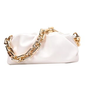 Chic white cloud handbag for women with a chunky gold chain strap on white background