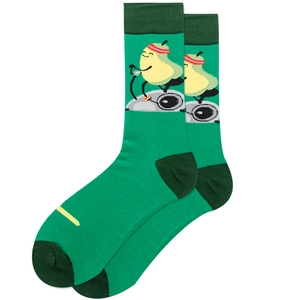 Detail of green fruit socks with a cartoon pear cycling pattern and striped texture